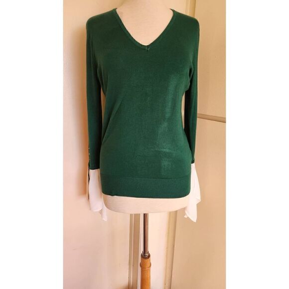 New York and Company Emerald Green Sweater w/White Slv Ruffle, NWT, S - Picture 1 of 11